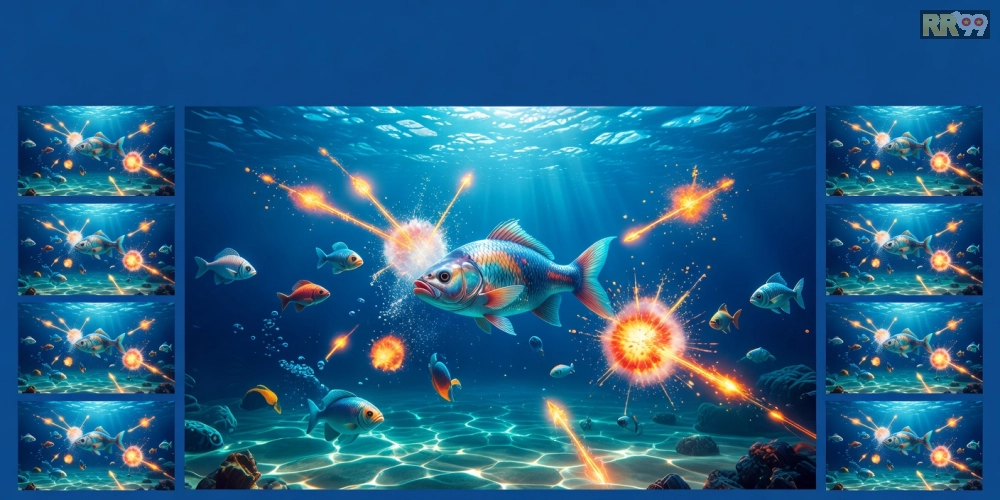 Hình ảnh top game bắn cá RR99 Pro với các loài cá lớn và phần thưởng vàng óng