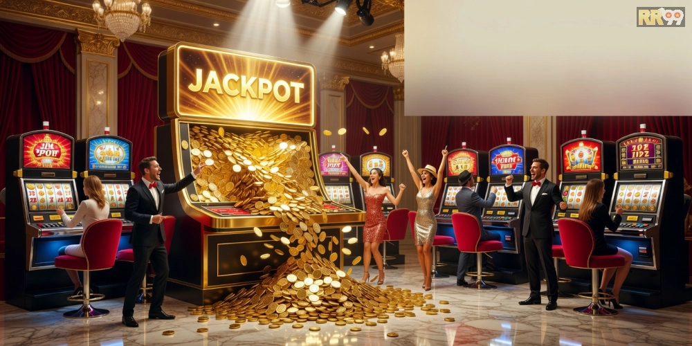Top 2 Golden RR99 với hình ảnh jackpot lấp lánh và người chơi thắng lớn