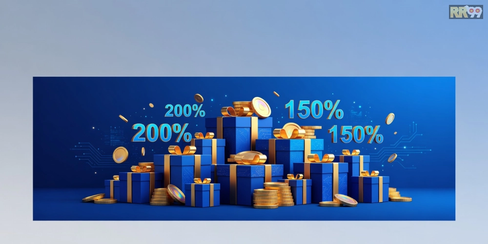 Minh họa chương trình khuyến mãi rr99 với các ưu đãi hấp dẫn và biểu tượng tiền thưởng