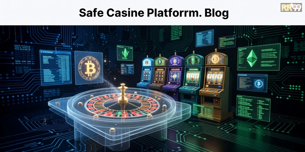 Minh họa khái niệm crypto casino rr99 với giao diện nền tảng hiện đại và biểu tượng tiền điện tử