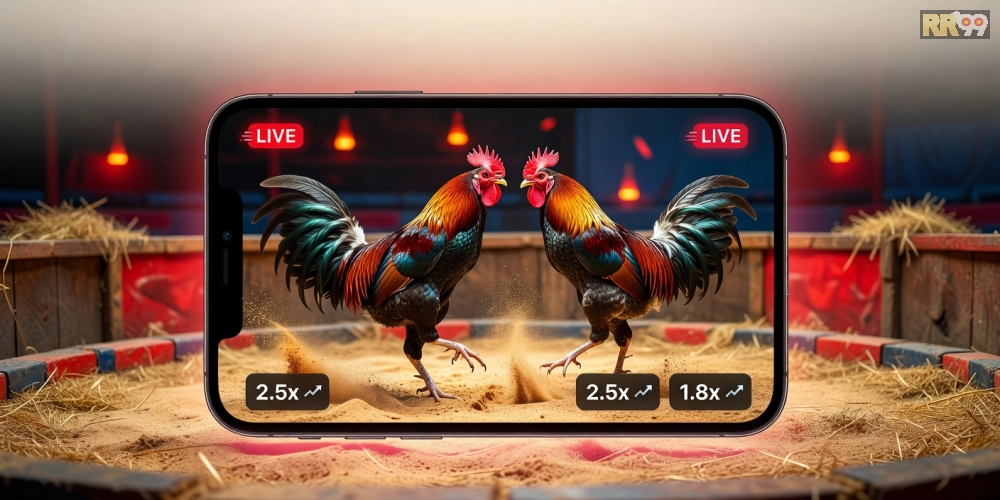 Minh họa khái niệm đá gà chọi rr99 với hình ảnh trường gà hiện đại và giao diện trực tuyến