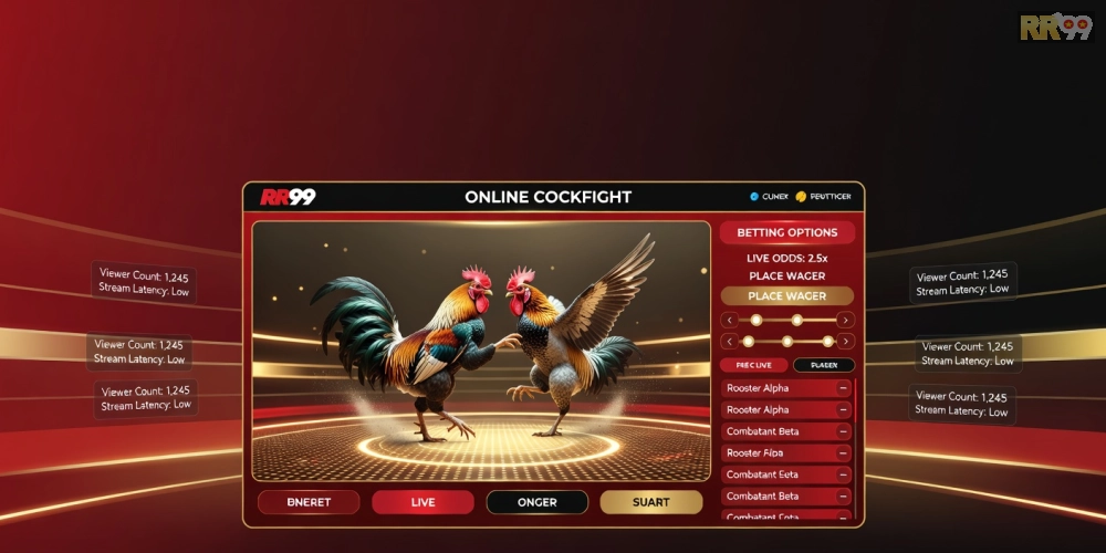Minh họa khái niệm đá gà trực tuyến trên nền tảng rr99 với giao diện hiện đại và biểu tượng gà chọi