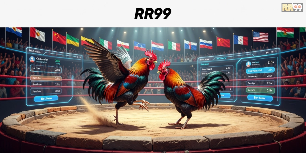 Minh họa khái niệm đá gà quốc tế rr99 với hình ảnh trường đấu chuyên nghiệp và giao diện cá cược hiện đại