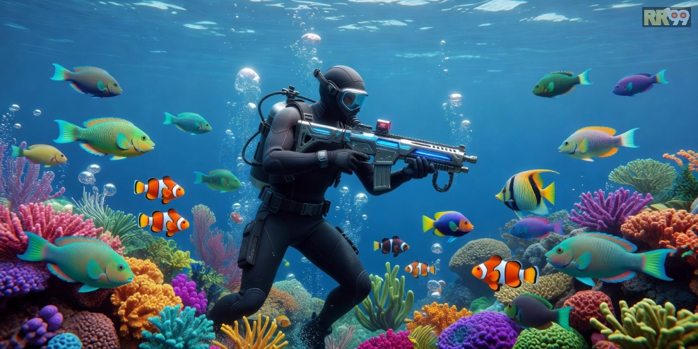 Minh họa giao diện game bắn cá rr99 với cá đa dạng và súng bắn sống động