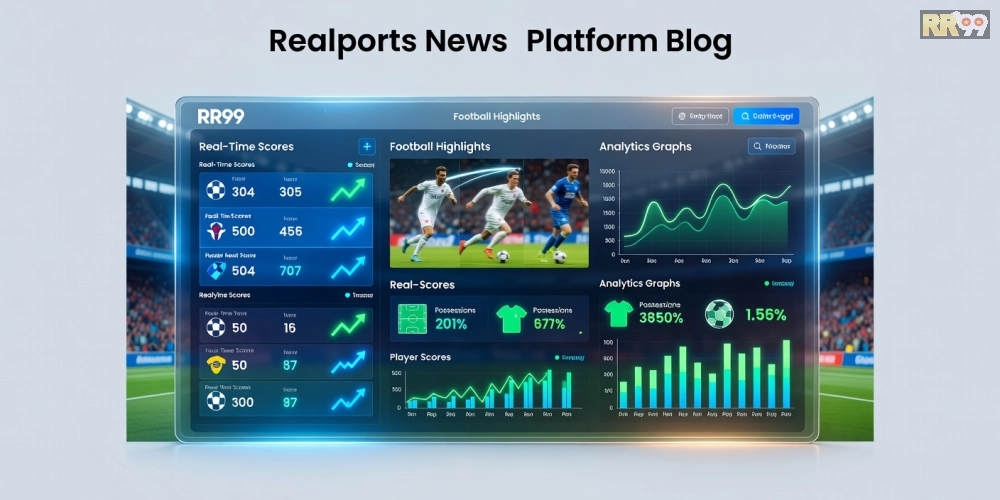 Minh họa khái niệm tin thể thao rr99 với các biểu tượng bóng đá và dữ liệu thời gian thực