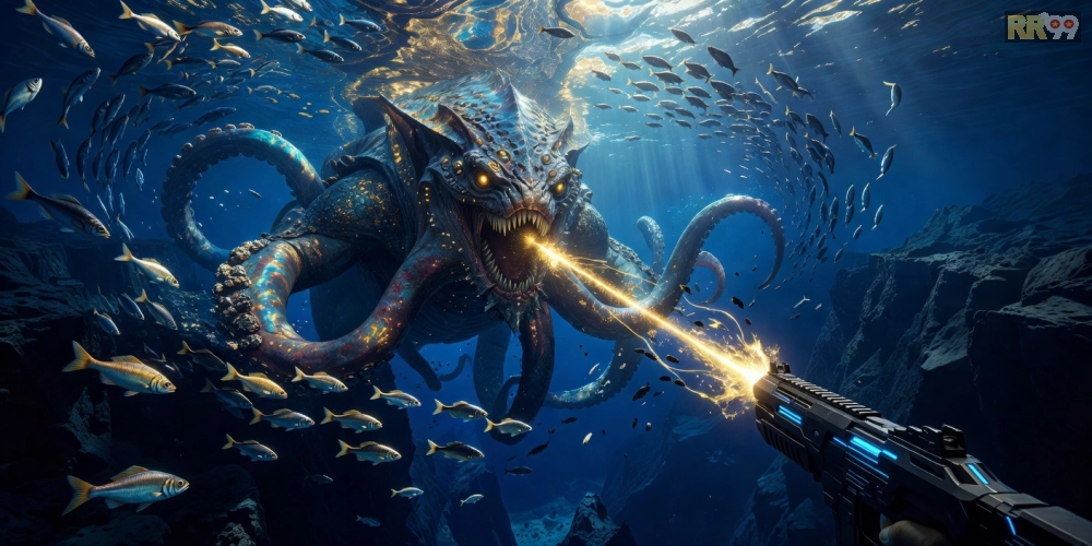 Giao diện game bắn cá rr99 với boss hải vương hùng mạnh và hiệu ứng nổ tung
