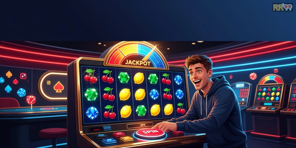 Minh họa giao diện nổ hũ đổi thưởng rr99 với jackpot hấp dẫn và người chơi đang quay