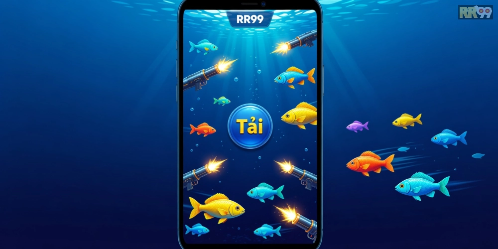 Minh họa giao diện tải game bắn cá online rr99 với hình ảnh cá đa sắc màu và nút tải nổi bật