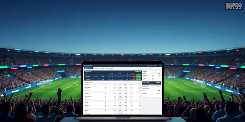 Minh họa khái niệm thể thao bóng đá rr99 với giao diện nền tảng cá cược hiện đại
