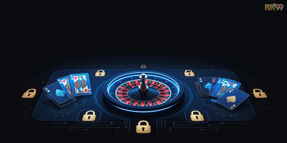 Minh họa khái niệm top casino rr99 với giao diện sòng bạc hiện đại và biểu tượng uy tín