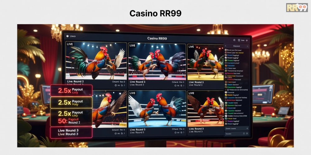 Giao diện trang chủ xem đá gà trực tiếp casino rr99 với các trận đấu nổi bật