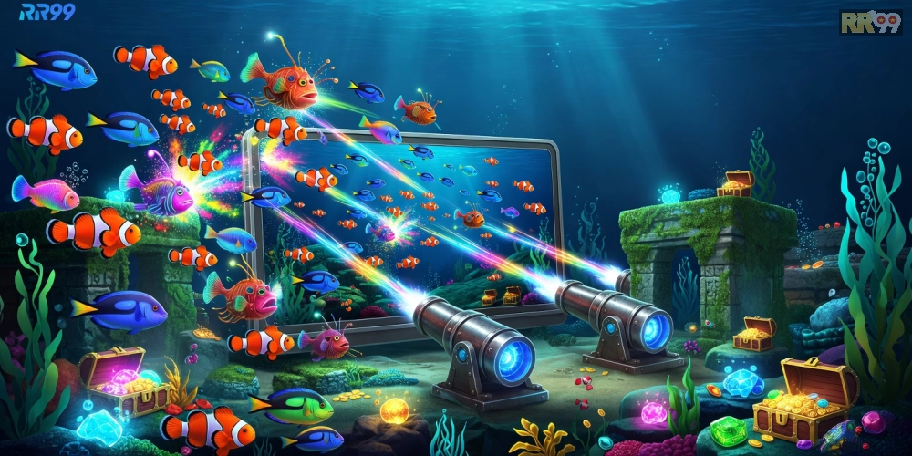 Minh họa giao diện Vua Bắn Cá Online RR99 với các loài cá đa sắc màu và súng bắn mạnh mẽ
